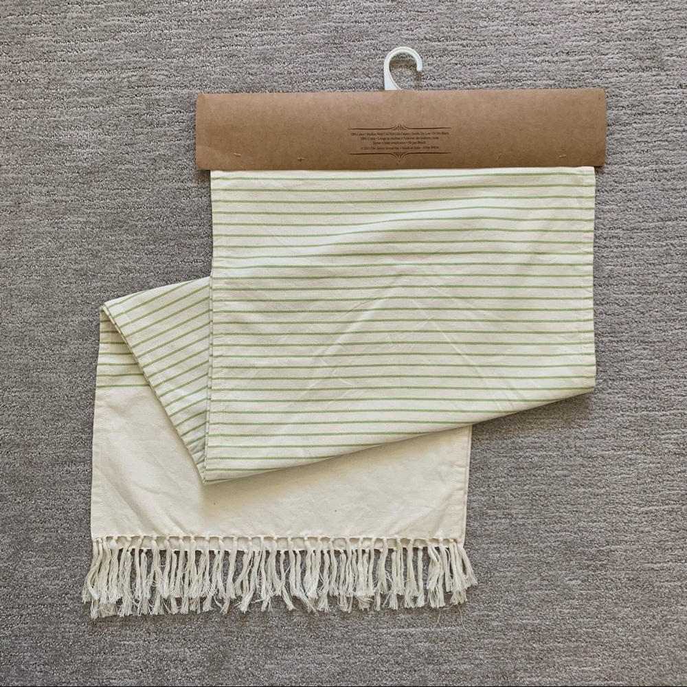 NWT Striped Green & Cream Fringed Table Runner 100% Cotton 20x90